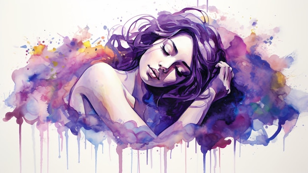 Purple Colorful Abstract Watercolor Print of a Woman