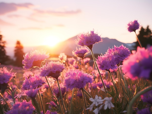 Purple cornflowers bask in the radiant glow of a mountainous sunset