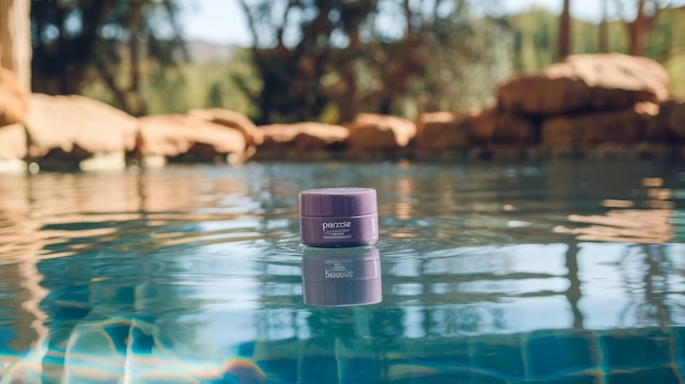 Purple cosmetic jar on the purple water surface blank label for branding mockup summer water pool