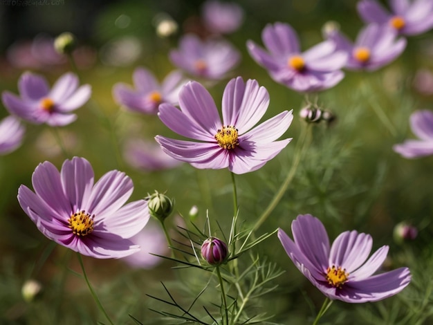 Purple Cosmos flower over blurred green garden background spring season concept ai