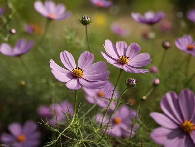 Purple Cosmos flower over blurred green garden background spring season concept ai