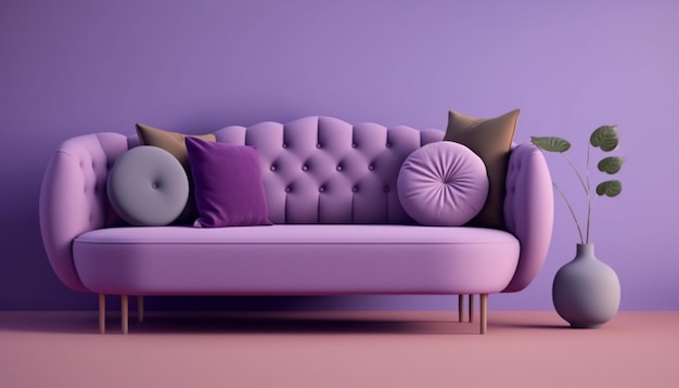 A purple couch with pillows and a purple couch.