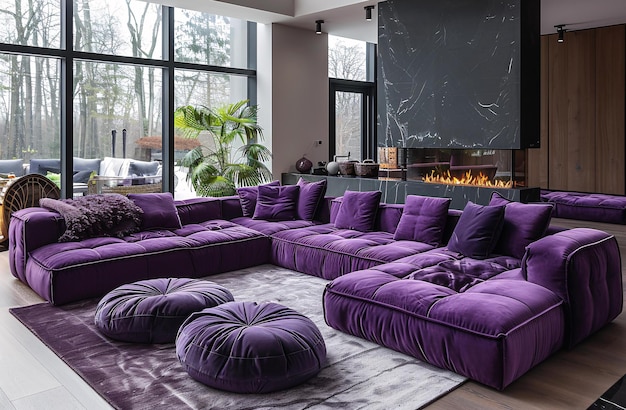 a purple couch with purple pillows on it and a fireplace in the background