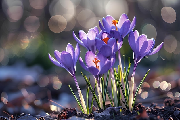 Photo purple crocus flowers are growing in the garden