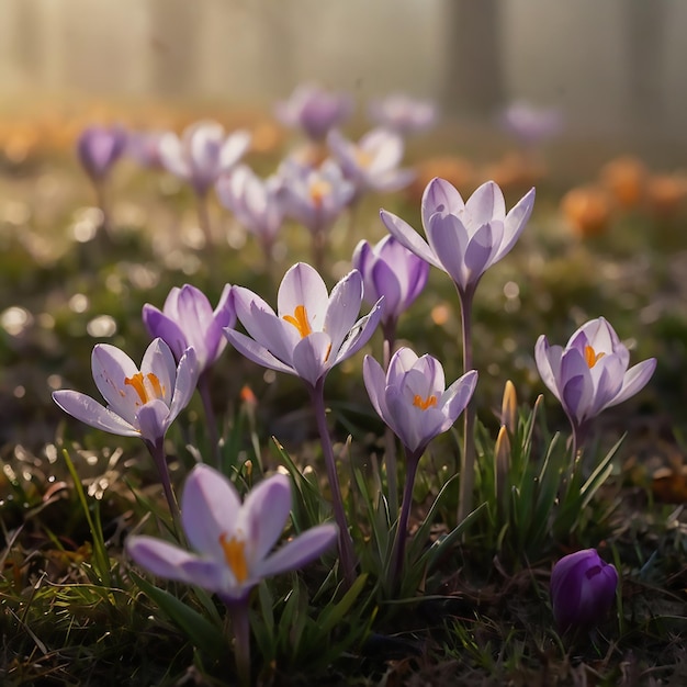 purple crocus flowers are growing in a patch of grass