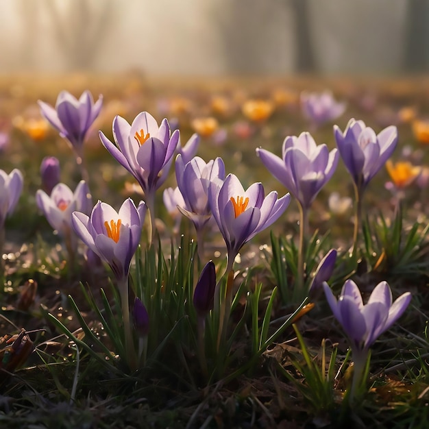 purple crocus flowers in a field of grass