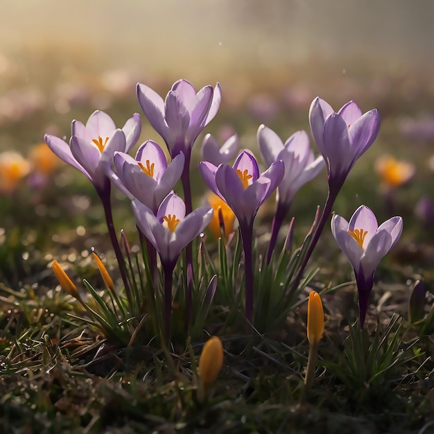 purple crocus flowers in a field with the sun shining through