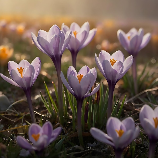 Photo purple crocus flowers in a field with the sun shining through