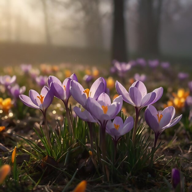 purple crocus flowers in a field with a tree in the background