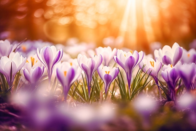 Purple crocus flowers in a field