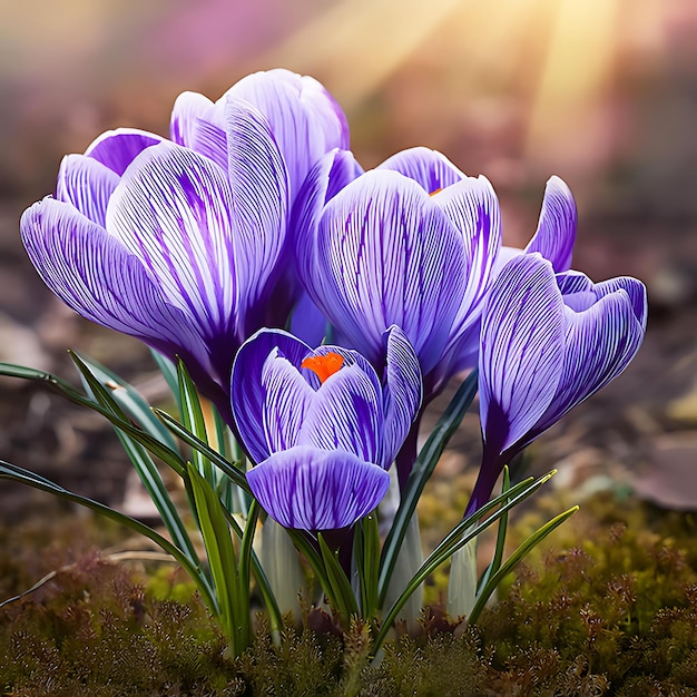 Photo purple crocus flowers in a garden with sun shining through the leaves