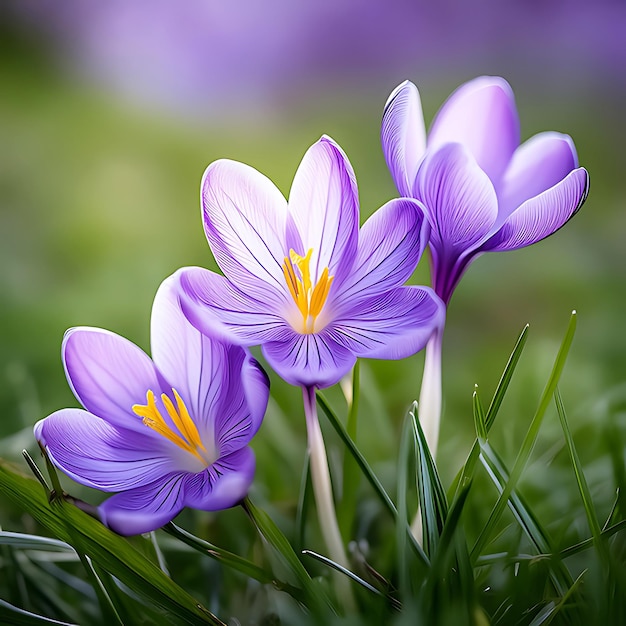 Photo purple crocus flowers in the grass with a purple background