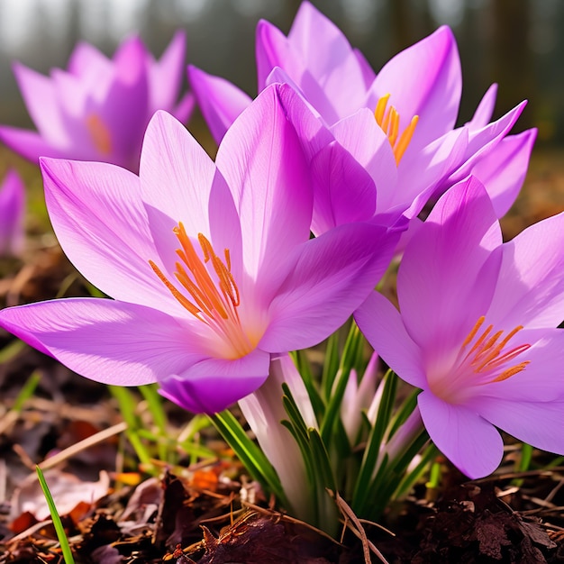 purple crocus flowers in the grass with a tree in the background