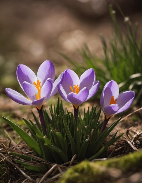 purple crocus flowers in a patch of grass