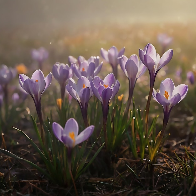 purple crocus flowers in the sunlight with the sun shining through the grass