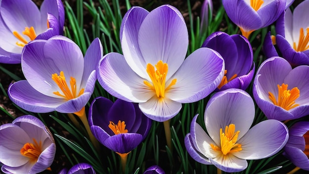 Photo purple crocus flowers with yellow centers are in a garden