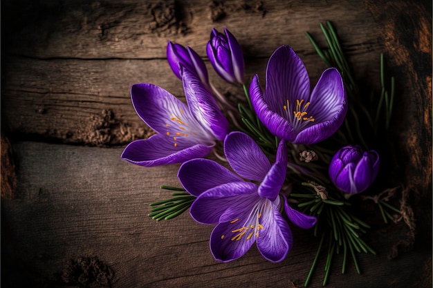 purple crocus flowers on wooden background, creative ai