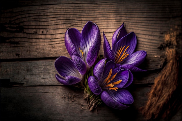 purple crocus flowers on wooden background, creative ai