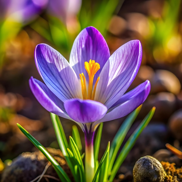 Photo purple crocus with yellow center and a yellow square on the center