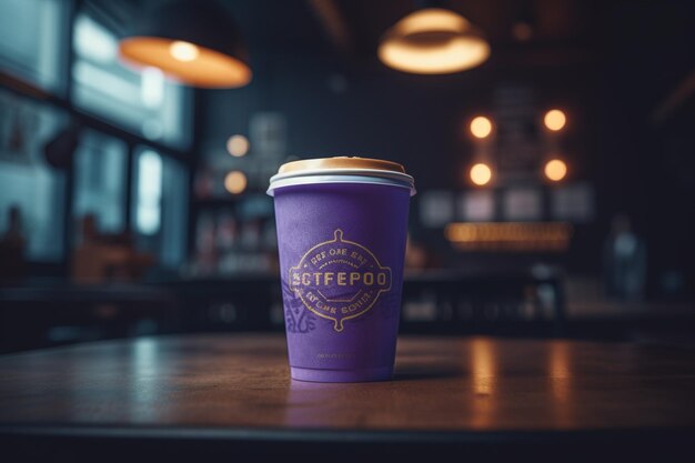 A purple cup of tea sits on a table in a dark bar.