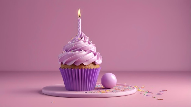 a purple cupcake with a candle on it is decorated with a candle