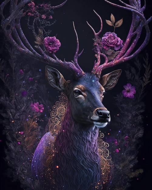 A purple deer with antlers and flowers on the back