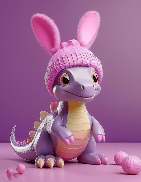 Photo a purple dinosaur with a pink hat and a pink hat