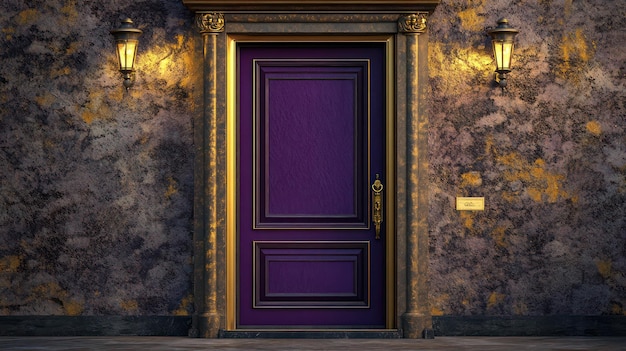 a purple door with gold trim is shown in a photo