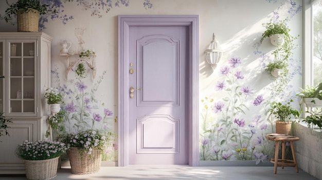 a purple door with a purple door and a purple door with flowers on it