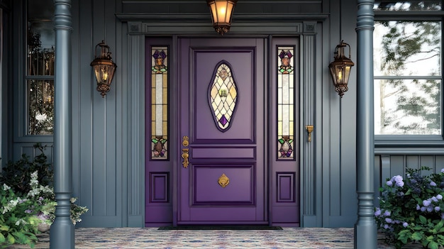 a purple door with purple door and purple door with lights on it