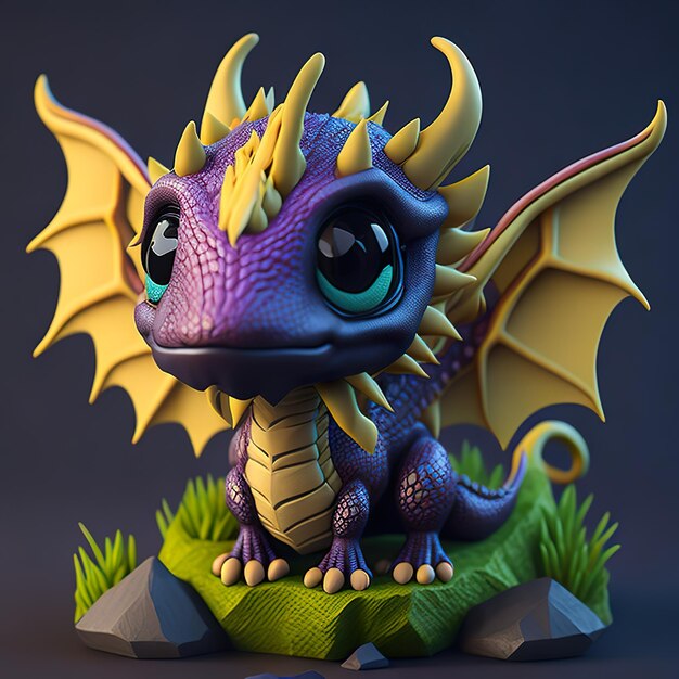 A purple dragon figurine with a yellow tail and a yellow tail.