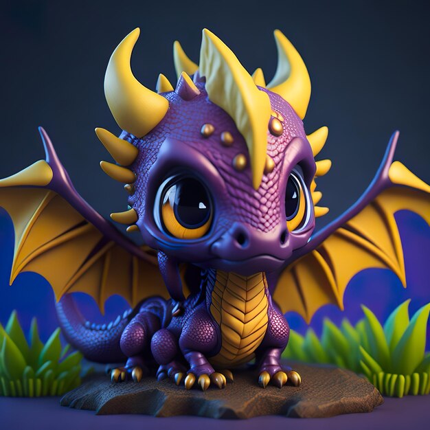 A purple dragon figurine with yellow wings sits on a rock.