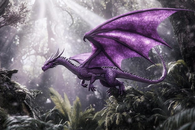 Purple dragon flying over a mystical forest