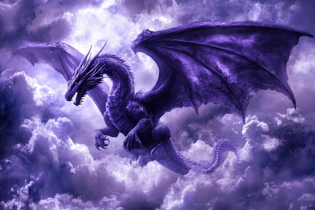 Purple dragon flying through clouds