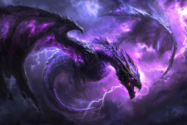 Photo purple dragon in a thunderstorm