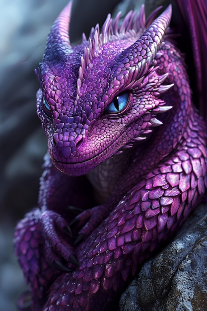 Photo purple dragon with blue eyes closeup portrait