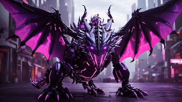 a purple dragon with purple wings is standing on a platform