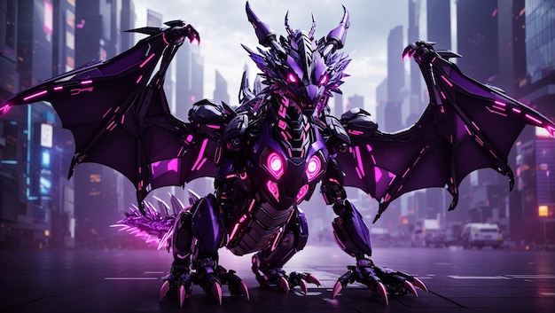 a purple dragon with purple wings and purple wings stands in front of a city skyline