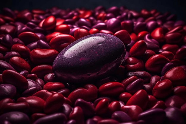 A purple egg sits among red heart shaped red hearts.