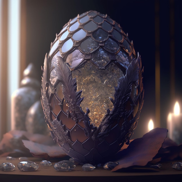 A purple egg with a dragon design on it