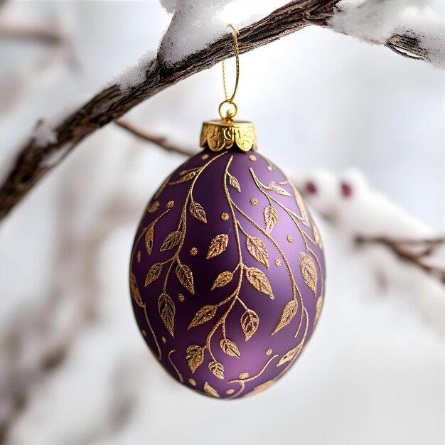 Photo a purple egg with gold leaves hanging from