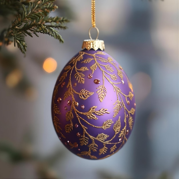 Photo a purple egg with gold leaves hanging from