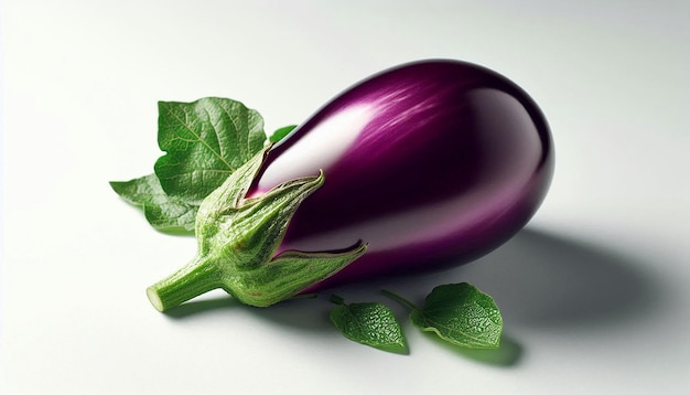 a purple eggplant with leaves on it