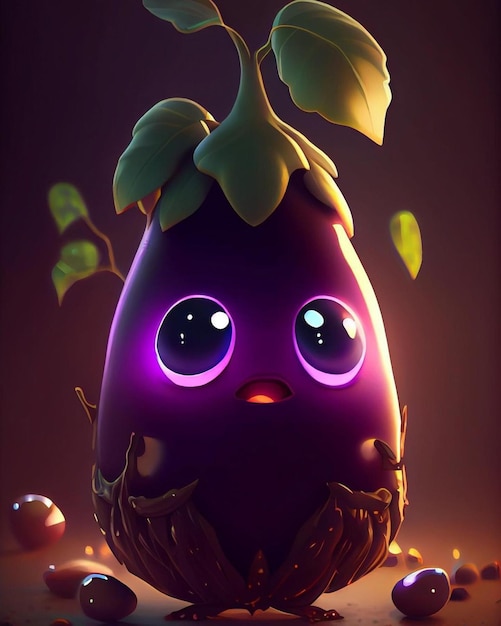 A purple eggplant with purple eyes is on a dark background.