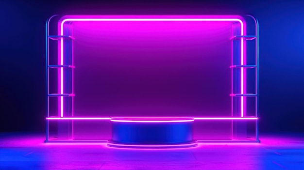 Purple empty scene with blue line neon lamps on background and pink digital podium Generative Ai