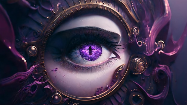 A purple eye with a purple eye and a person on the left side.