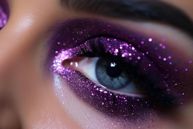 Purple eyeshadow with glitter and a purple eye.