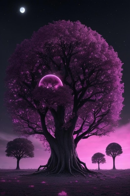 Purple Fantasy Forest Big Purple Tree Moon and Purple Sky