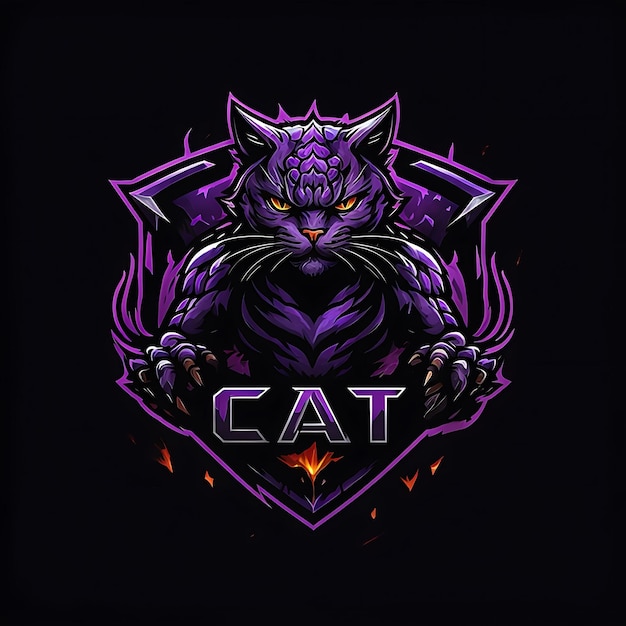 Photo purple feline mascot with claws and flame accents