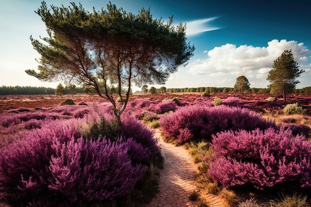 A purple field of flowers with a path leading to it